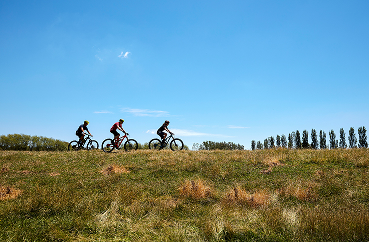 three people riding bikes on flay plain with trees