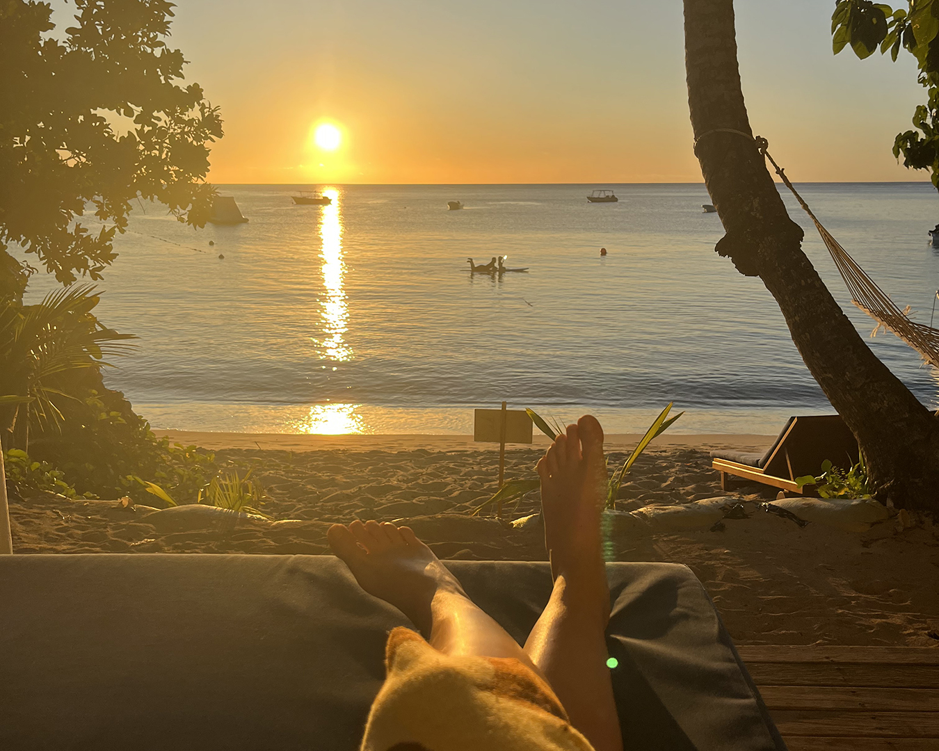 Tourism Fiji, Blue Lagoon Resort, Beach Villa view across the beach from the front deck at sunset