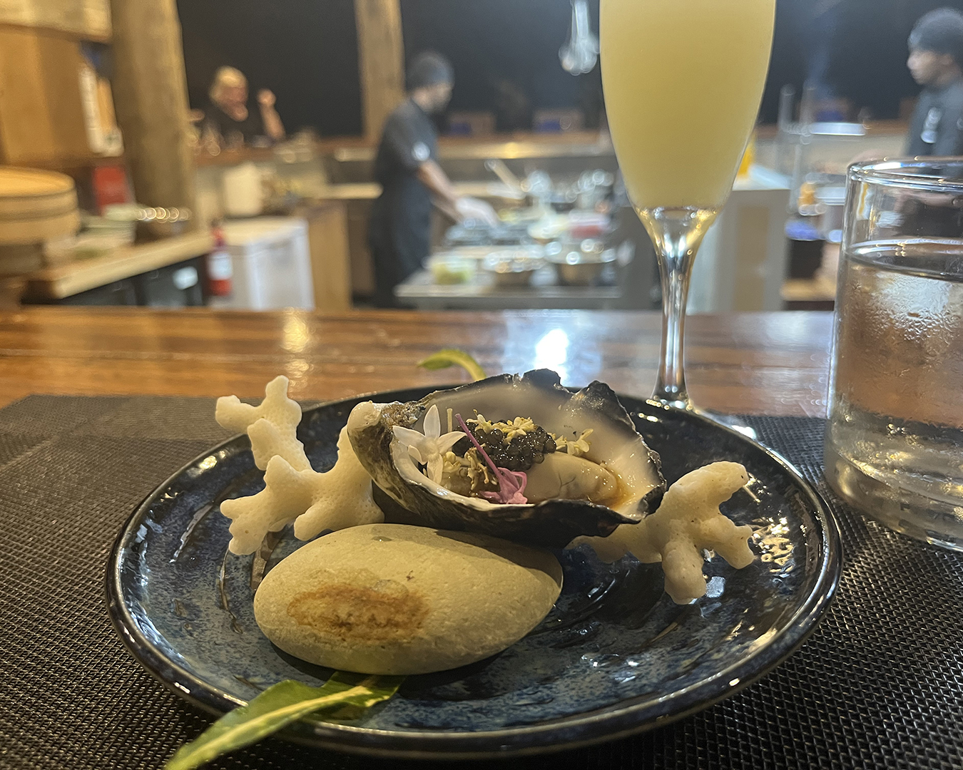 A oyster on a bed of coral and rocks at Donu’s Omasake at Paradise Cove