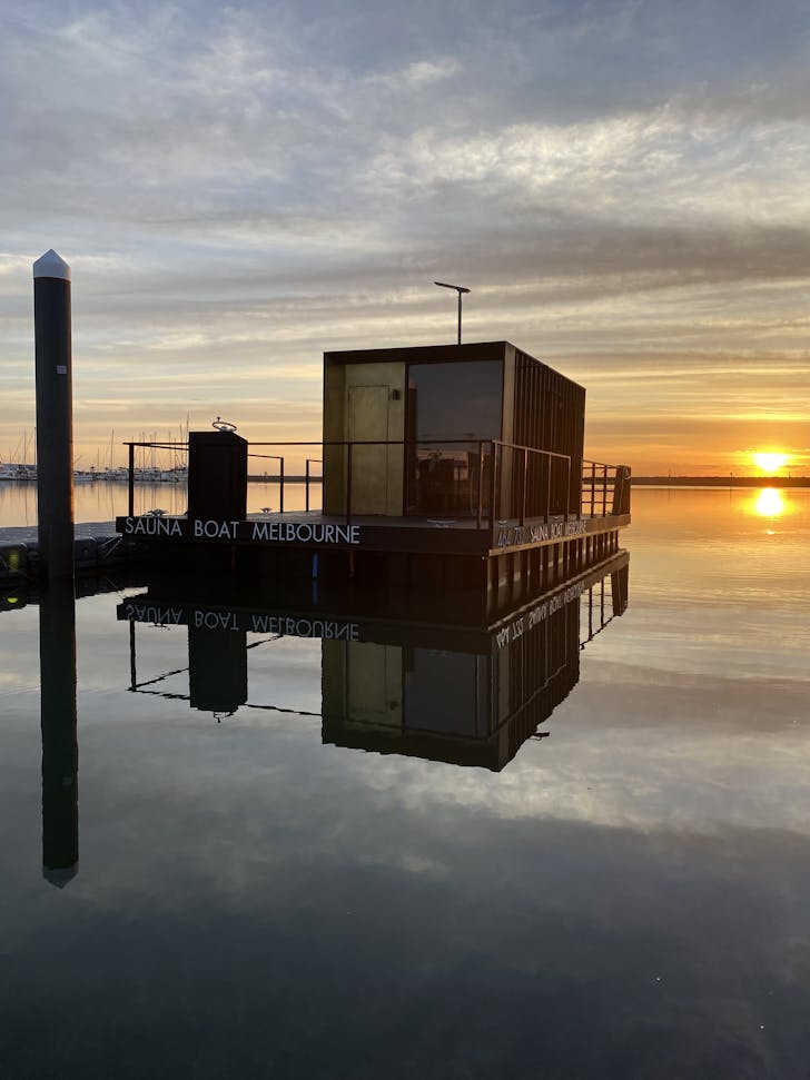 Sauna Boat Melbourne, in Docklands with cracking water and city views.