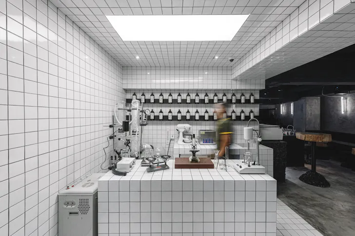 a lab-inspired cocktail bar with tiles