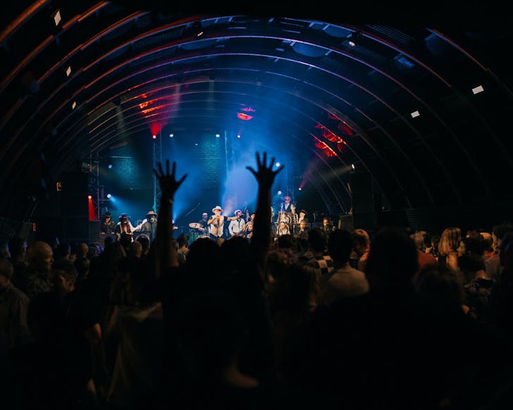 A large ska orchestra performs on stage in front of a big, lively crowd.