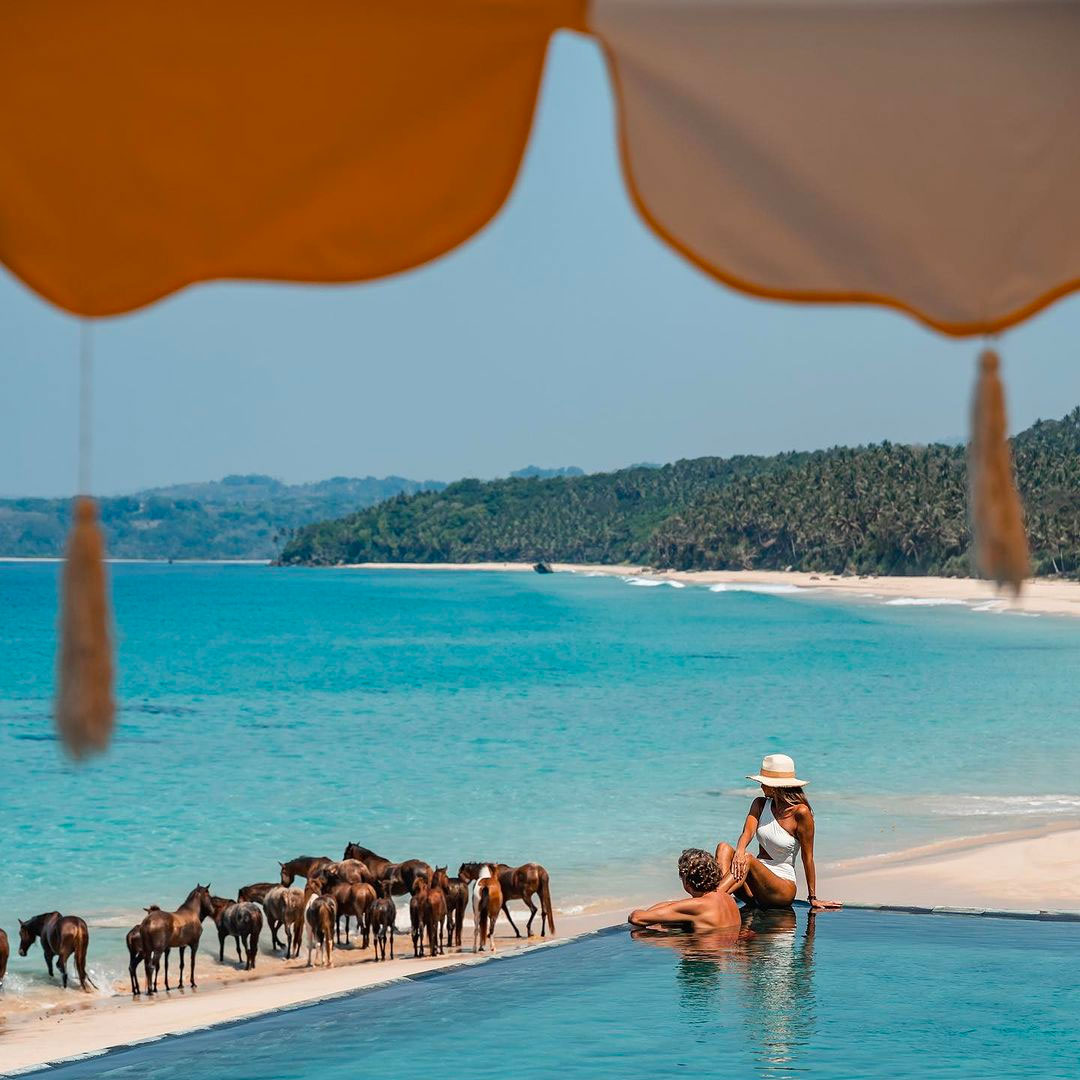 two people sitting on the edge of a pool overlooking horses running on a beach