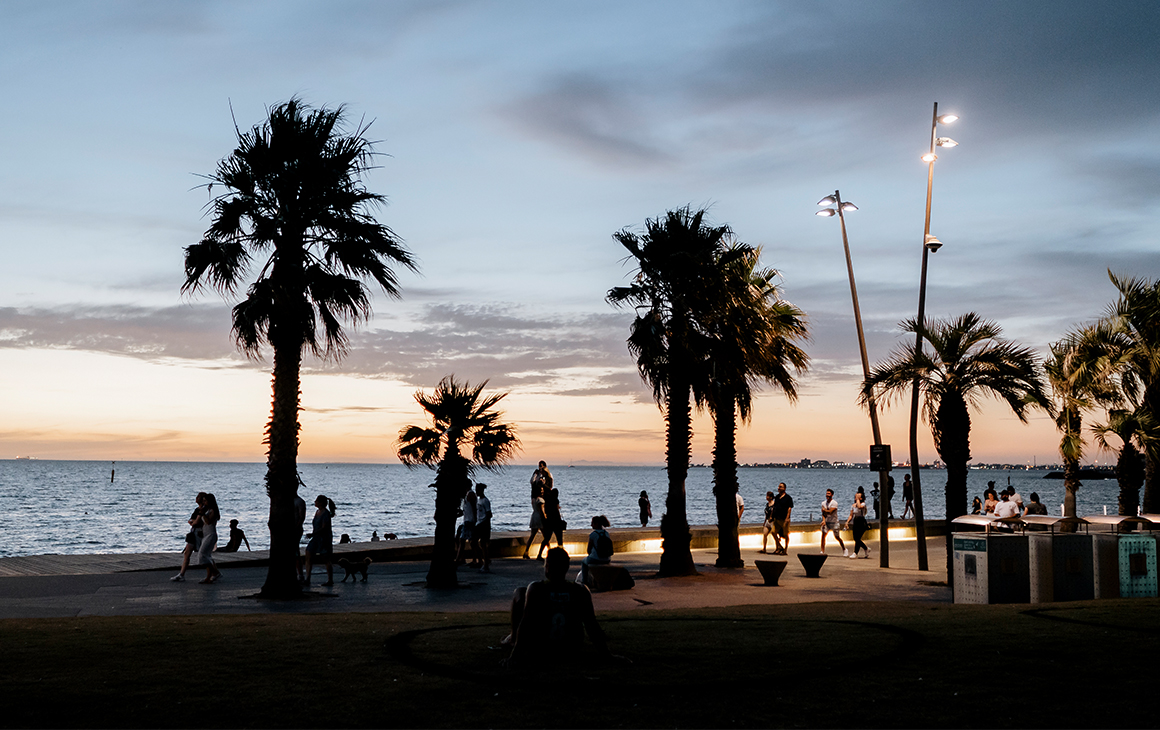 Palm trees line St Kilda Beach at sunset
