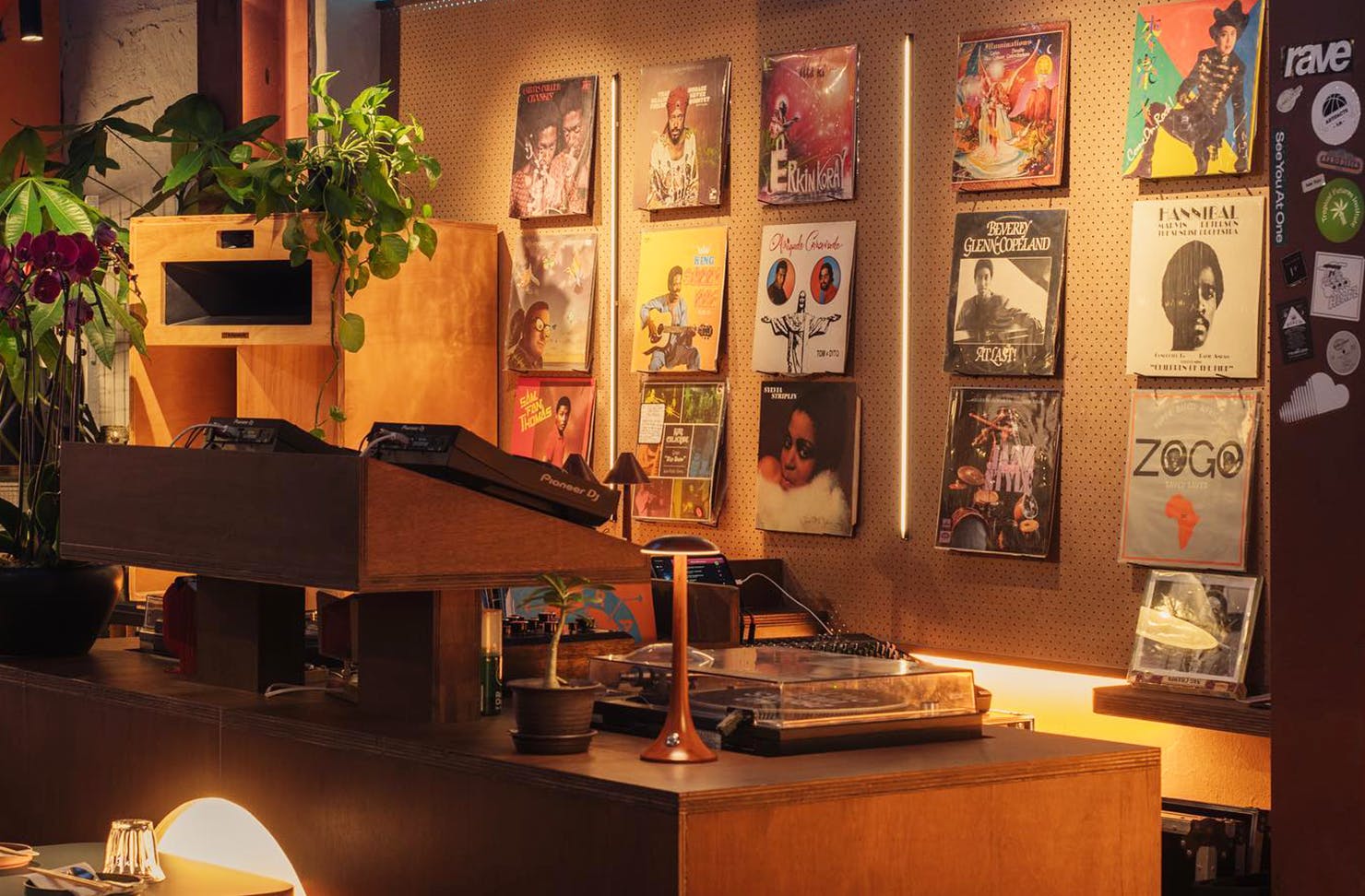 DJ decks with plants and records behind. 