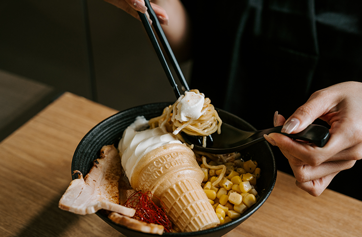 A soft serve in a bowl of ramen, controversially some of the best ramen in Melbourne 