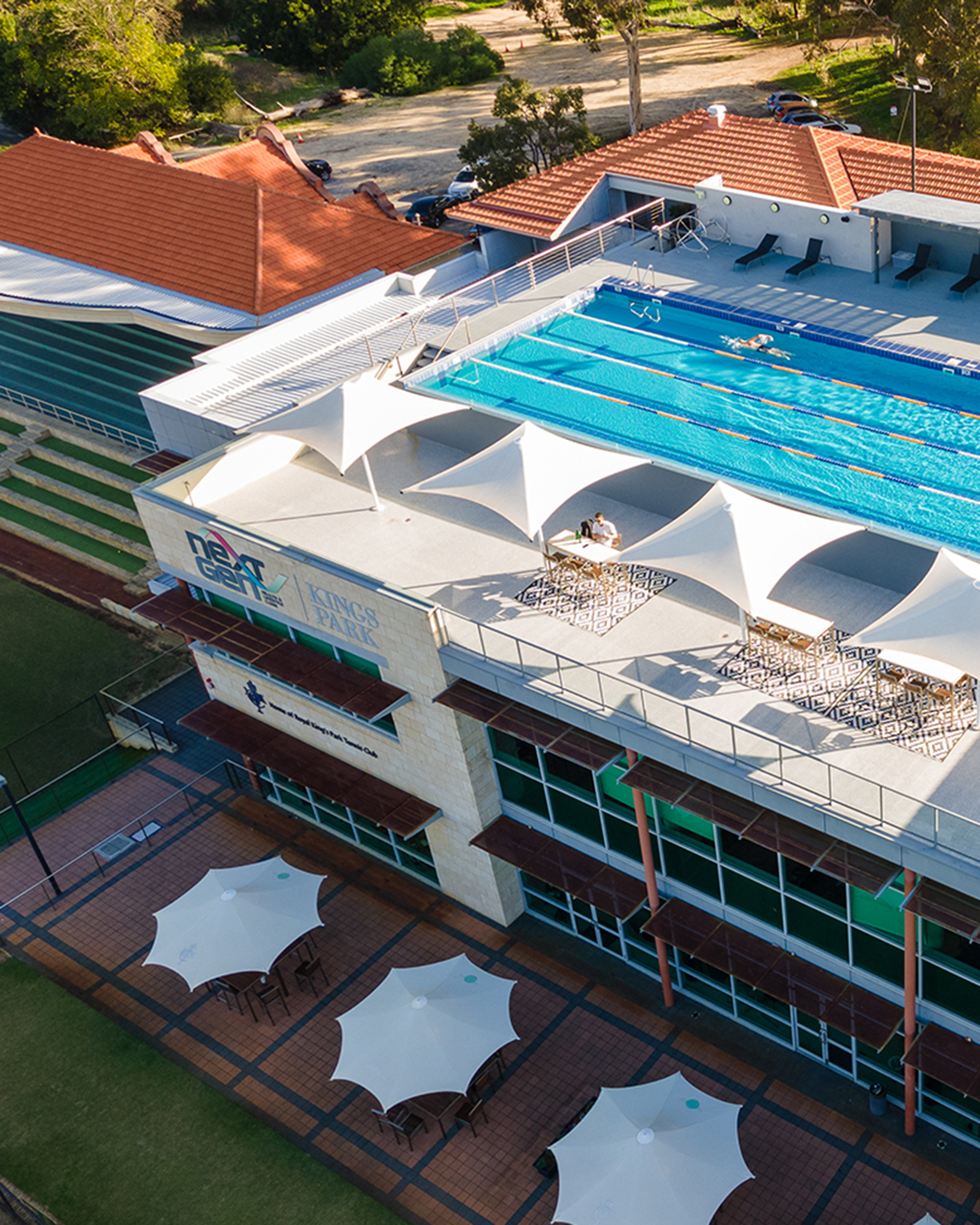 Aerial view of Next Gen Kings Park rooftop pool and terrace