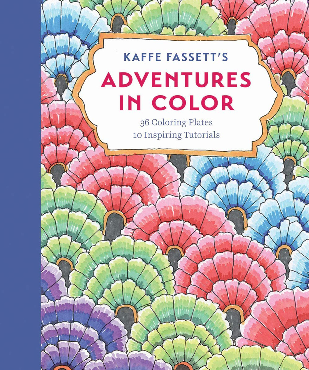 A colouring in book featuring illustrations of blue, purple, red and green flowers on the cover