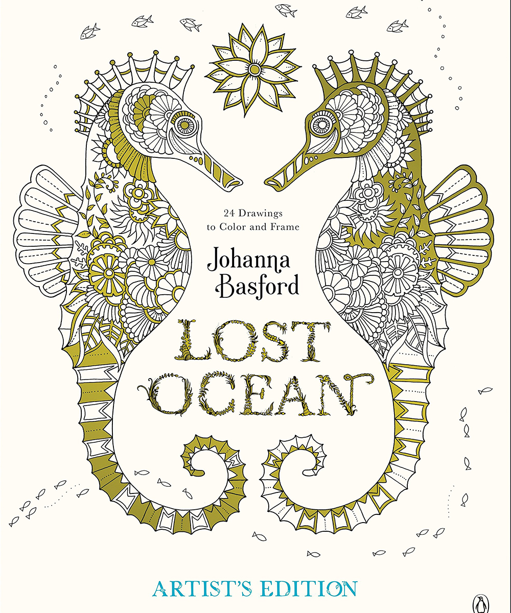 A colouring in book featuring two seahorses illustrated on the front.