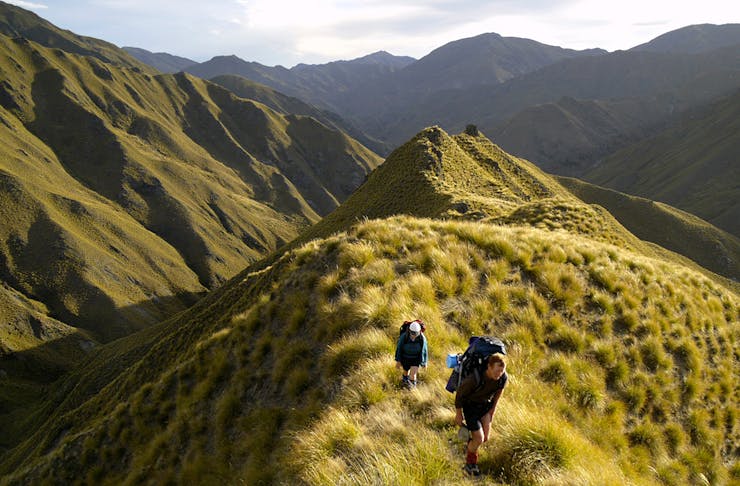 two people hike up huge green mountains in new zealand