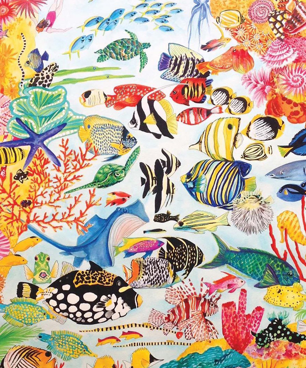 an illustration of the great barrier reef featuring a beach and under the sea animals.