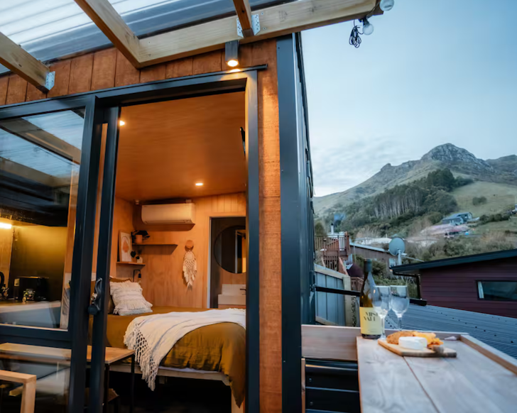 cass bay airbnb tiny home with view of the mountains