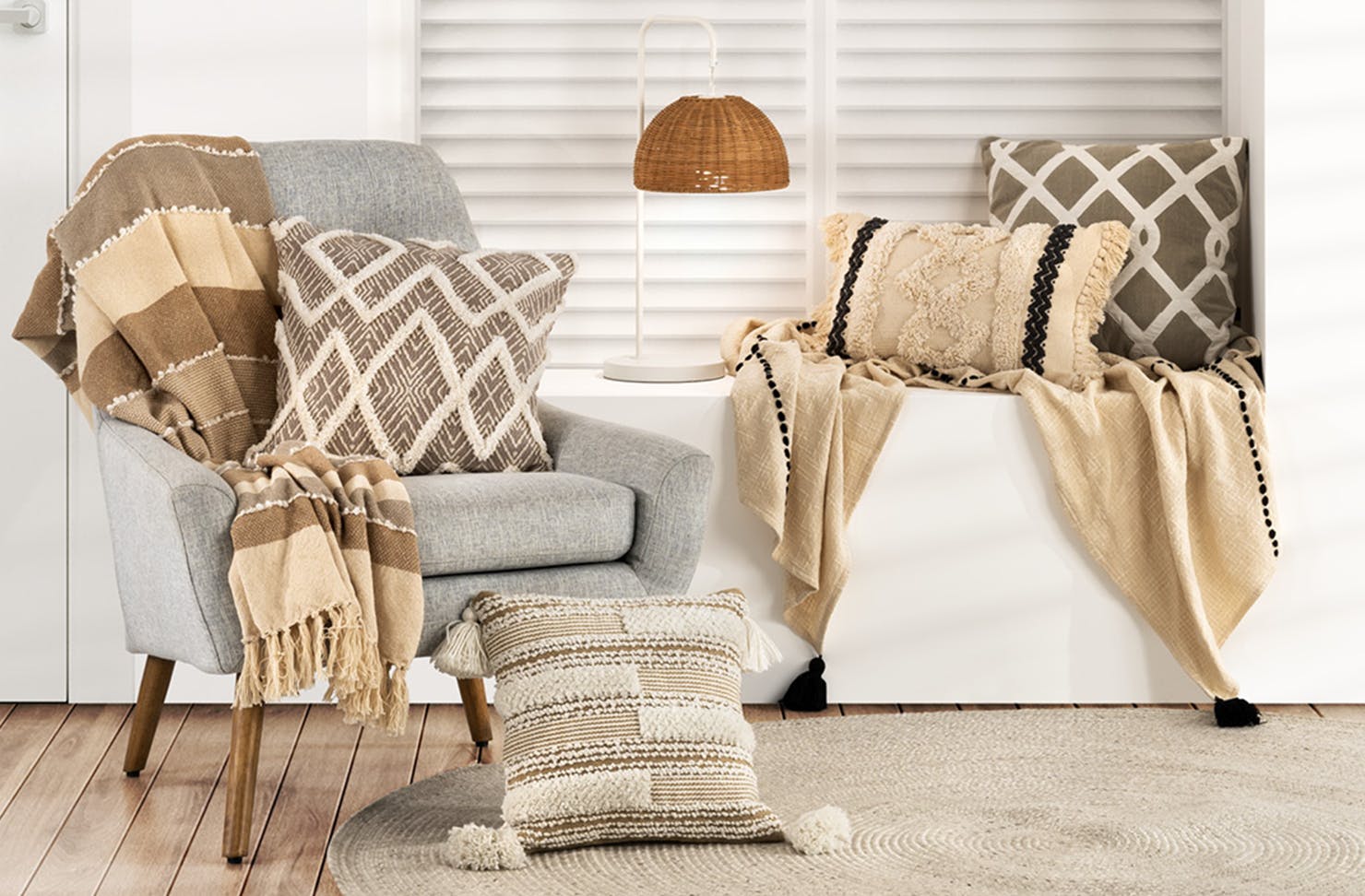 Chairs, cushions and throw rugs. 