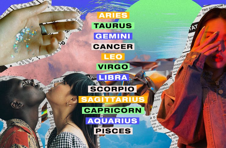 a list of all 12 horoscope in colourful font, on top of a collage of images.