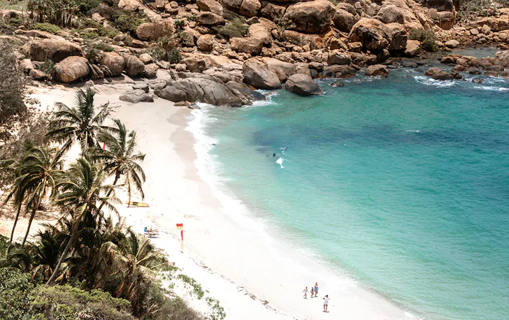white sand and palm trees line the beach of Horseshoe Bay