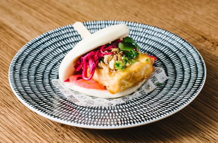 bao bun with crispy fish and pickled cabbage