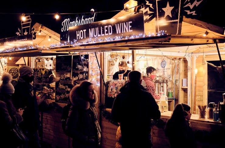 night market with mulled wine stand