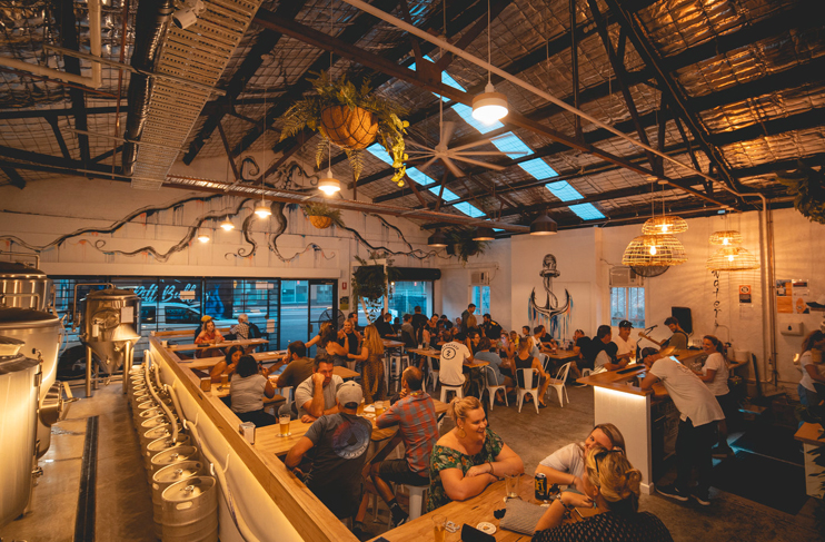 packed out brewery room with suspended plants 