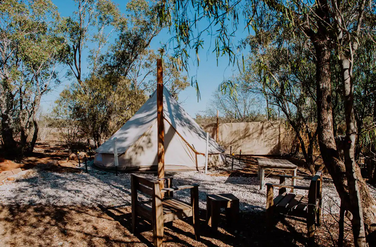 bell tent in outback surrounded by gum trees