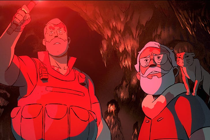 animation of two men holding torches in cave