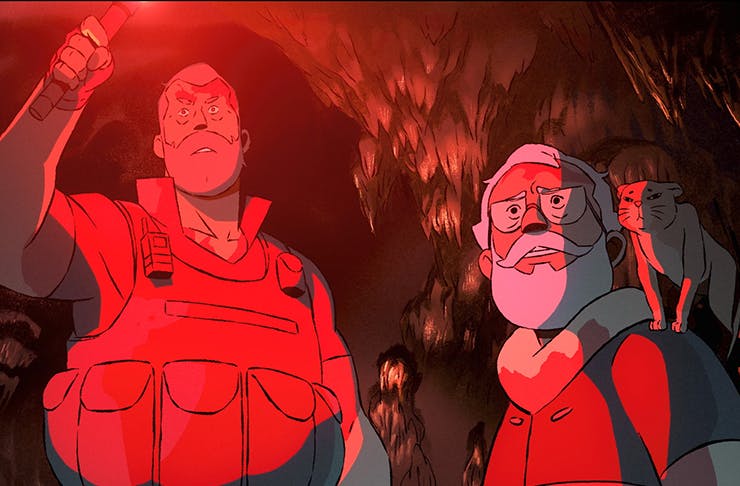animation of two men holding torches in cave