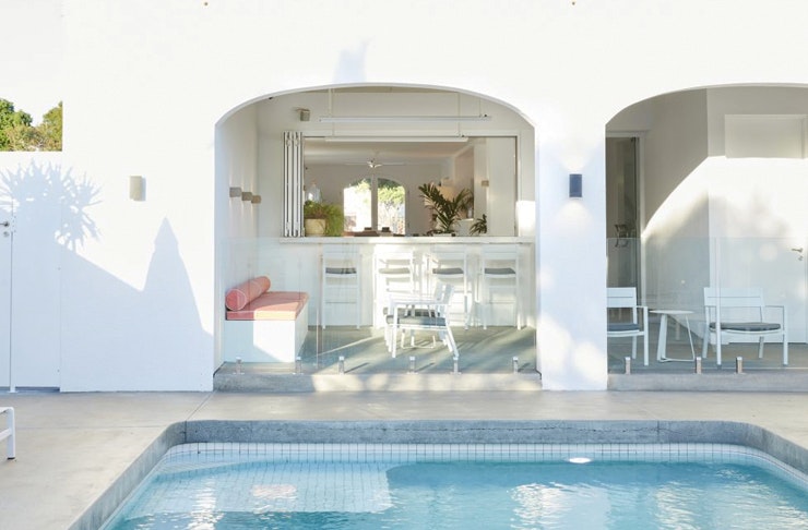 pool and bar area of modern motel