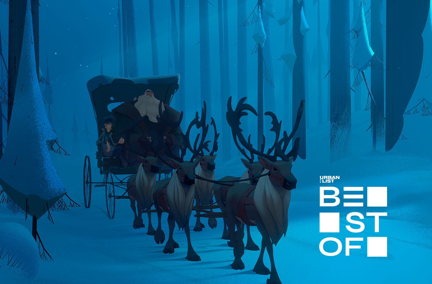 an animation of santa claus on his sleigh in a forest