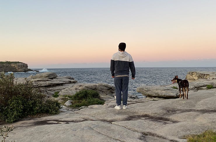 a man and dog standing on cliff at sunset