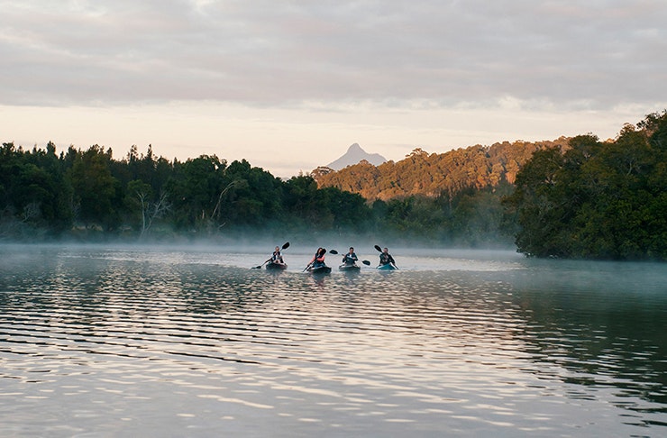 group of people kayaking on misty river