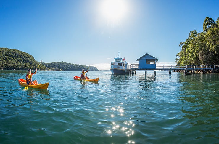 people kayaking in pittwater with boatshed