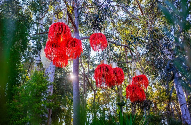 suspended tree sculptures dangling from trees