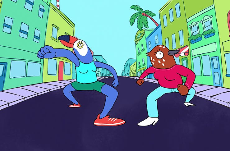 animation of birds marching down cartoon street