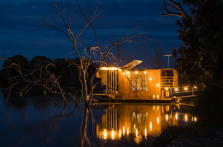 tiny home located on margaret river at nighttime