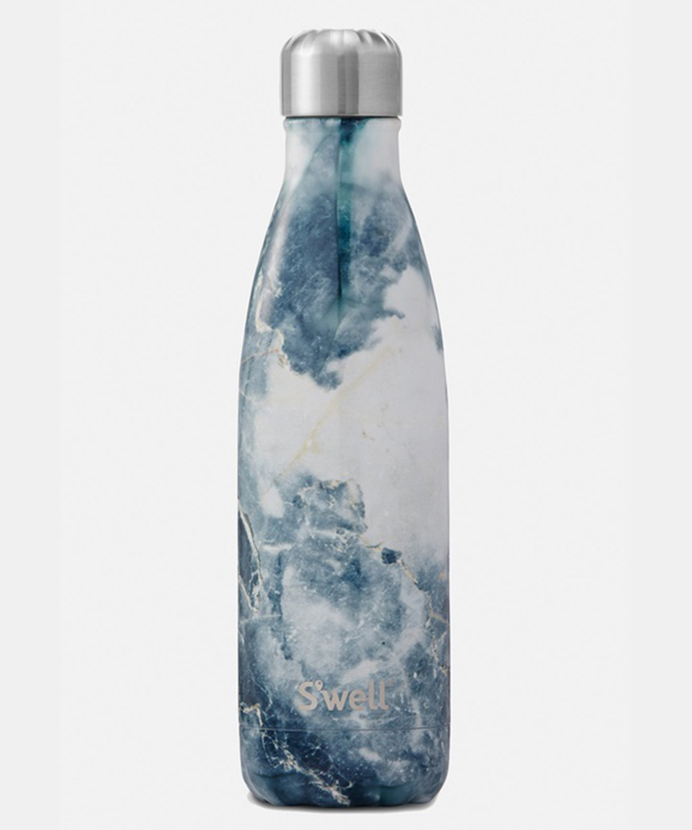 a blue and white marble print water bottle