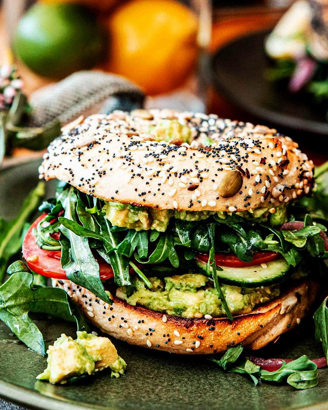 seeded bagel with avocado