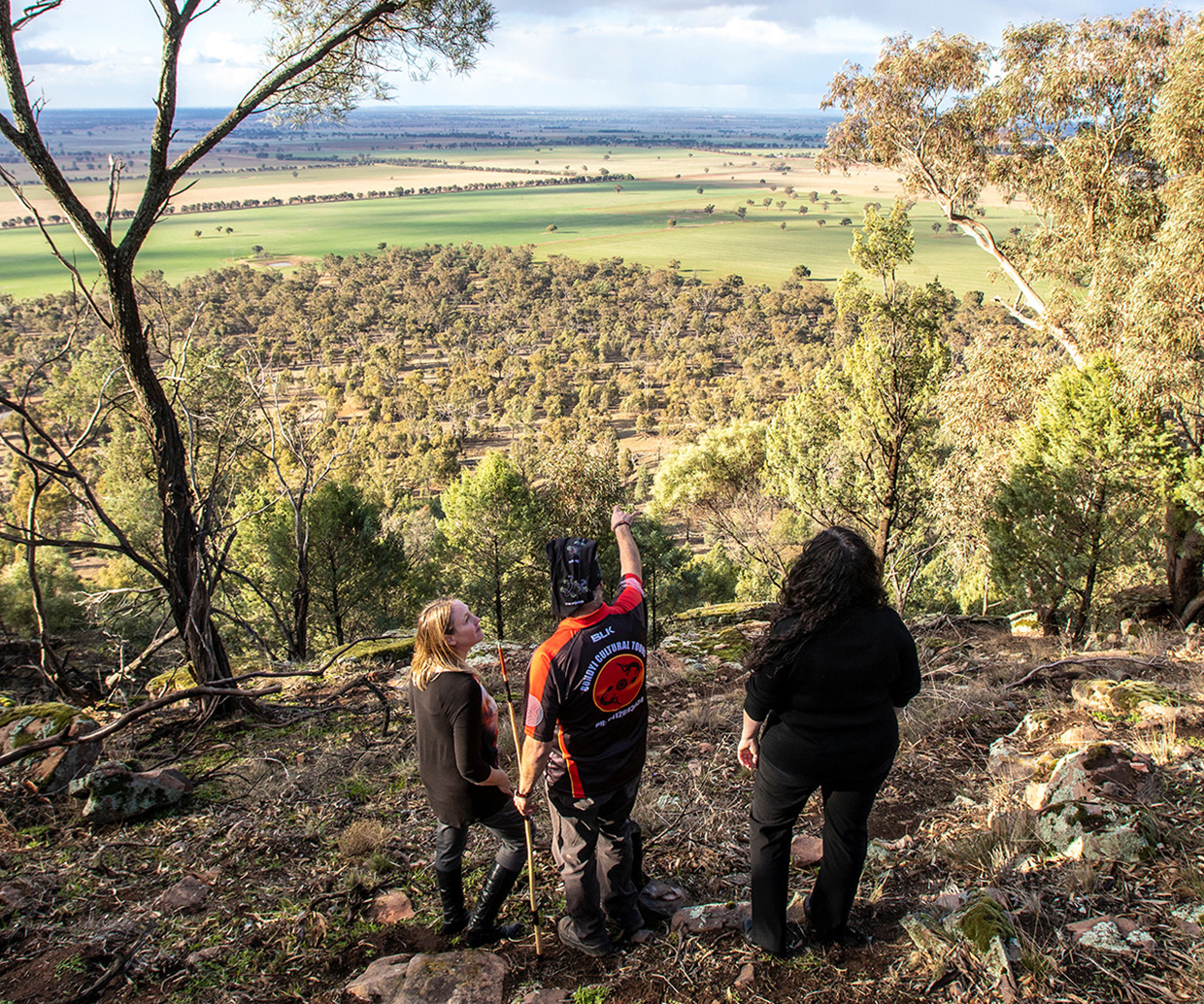 three people looking out ito valley