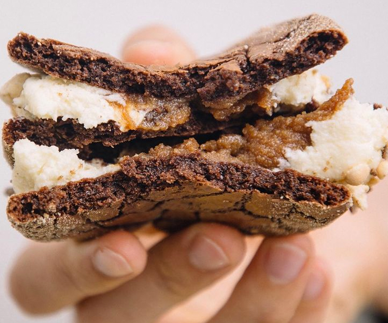 hand holding choc chip cookie cut in half