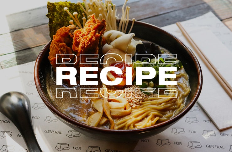 fried chicken ramen with word recipe on top