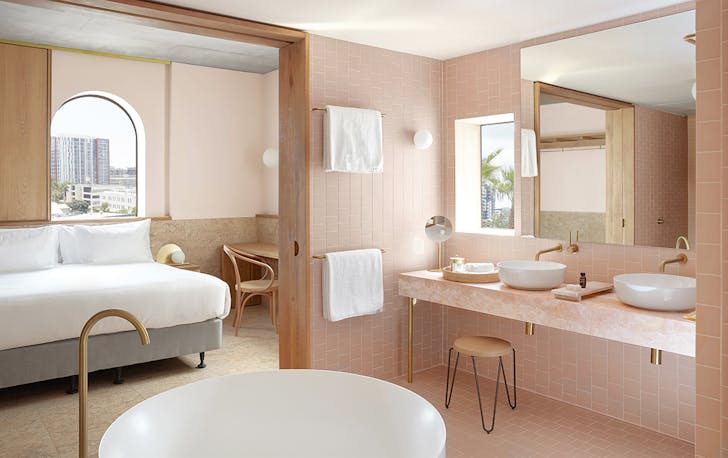 a pale pink bathroom at The Calile