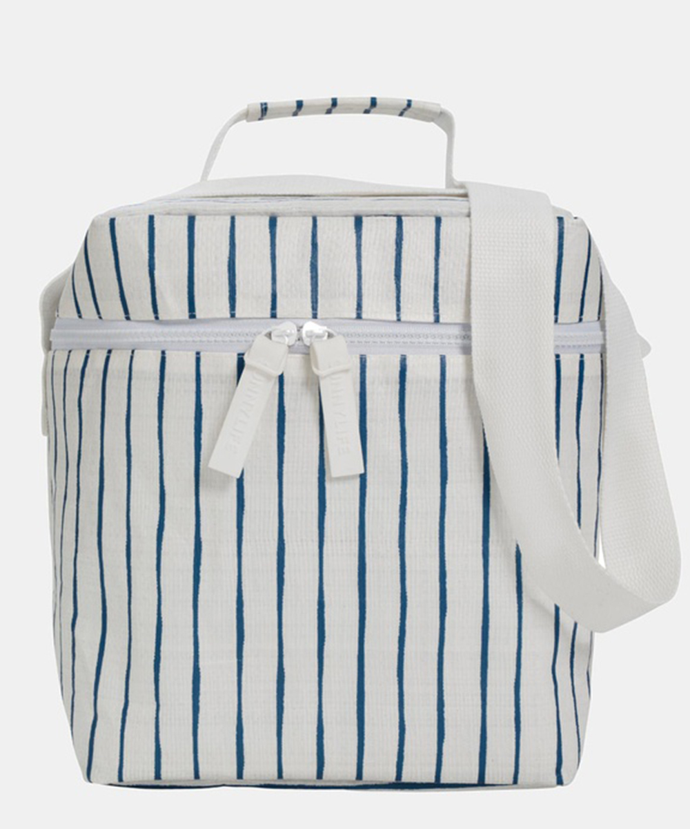 a blue and white striped cooler bag