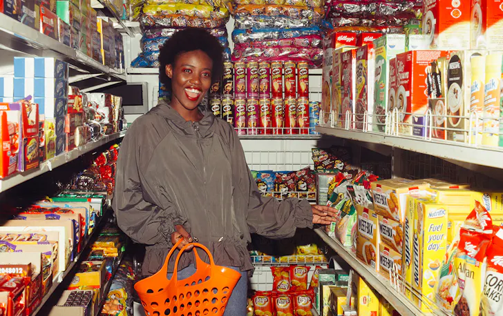 a woman shops in a grocery store, full of colourful aisles. 