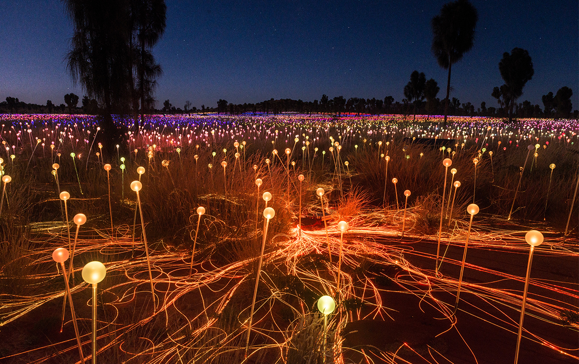 a rainbow of colourful globes cover the desert floor at night.