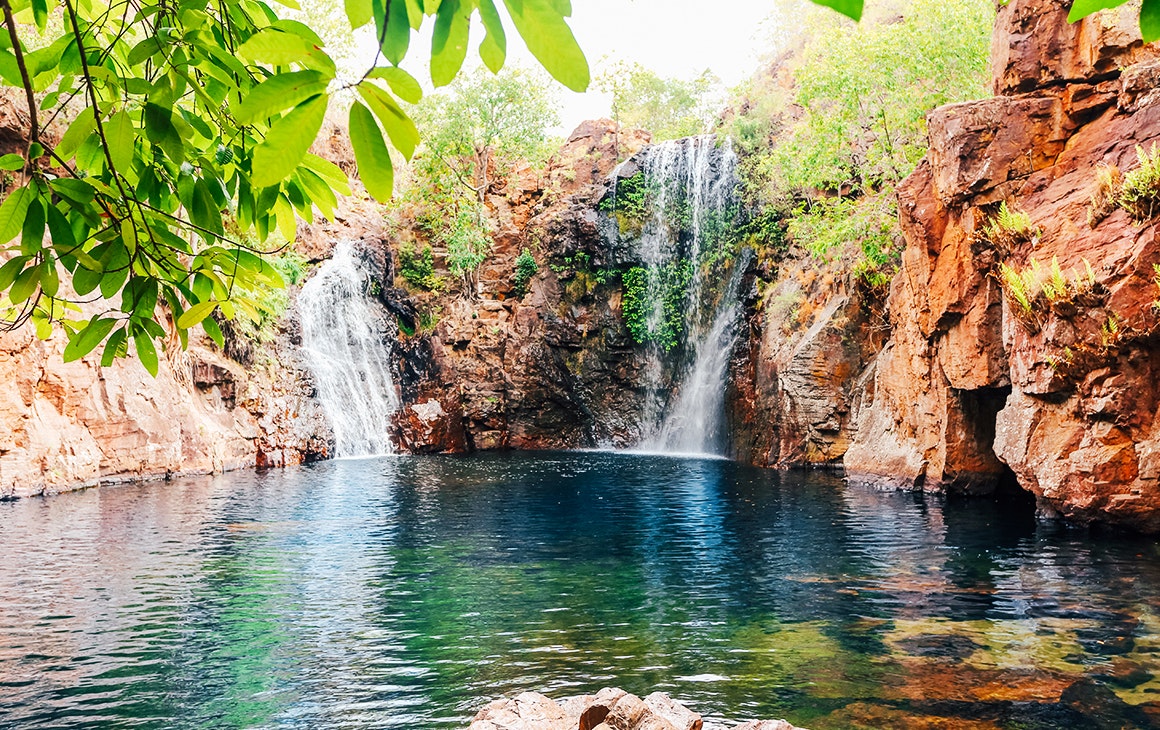 Lush greenery surrounds the stunning clear waters of Florence Falls