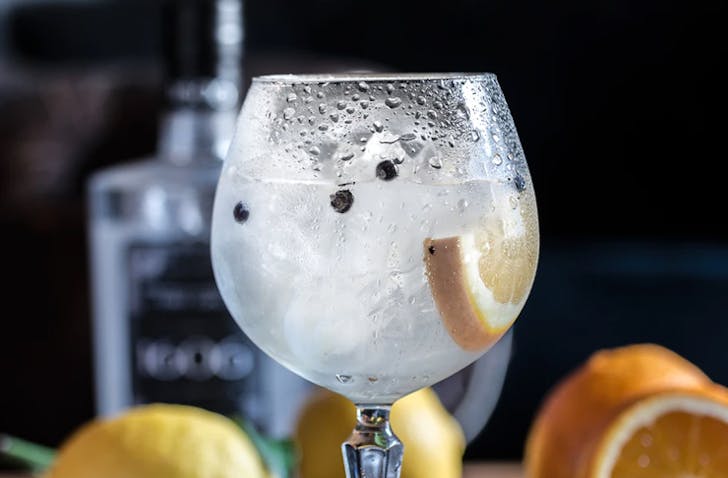 close up of gin cocktail loaded with berries and citrus fruits