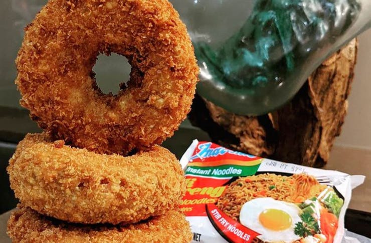 mi goreng doughnuts stacked