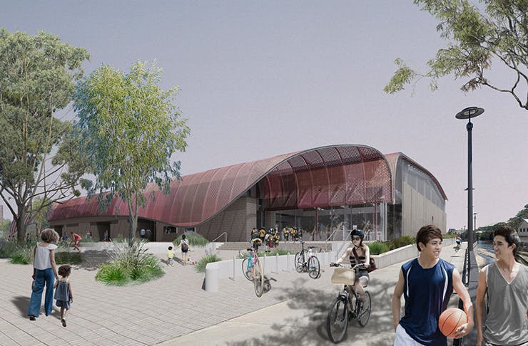 render of proposed recreation centre in green square