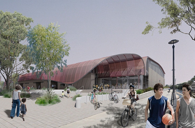 render of proposed recreation centre in green square