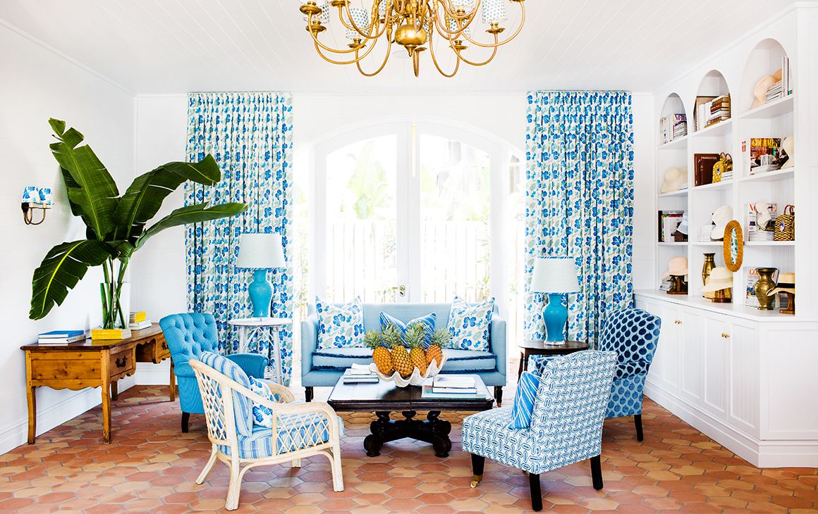 a blue and white lounge room at Halcyon House