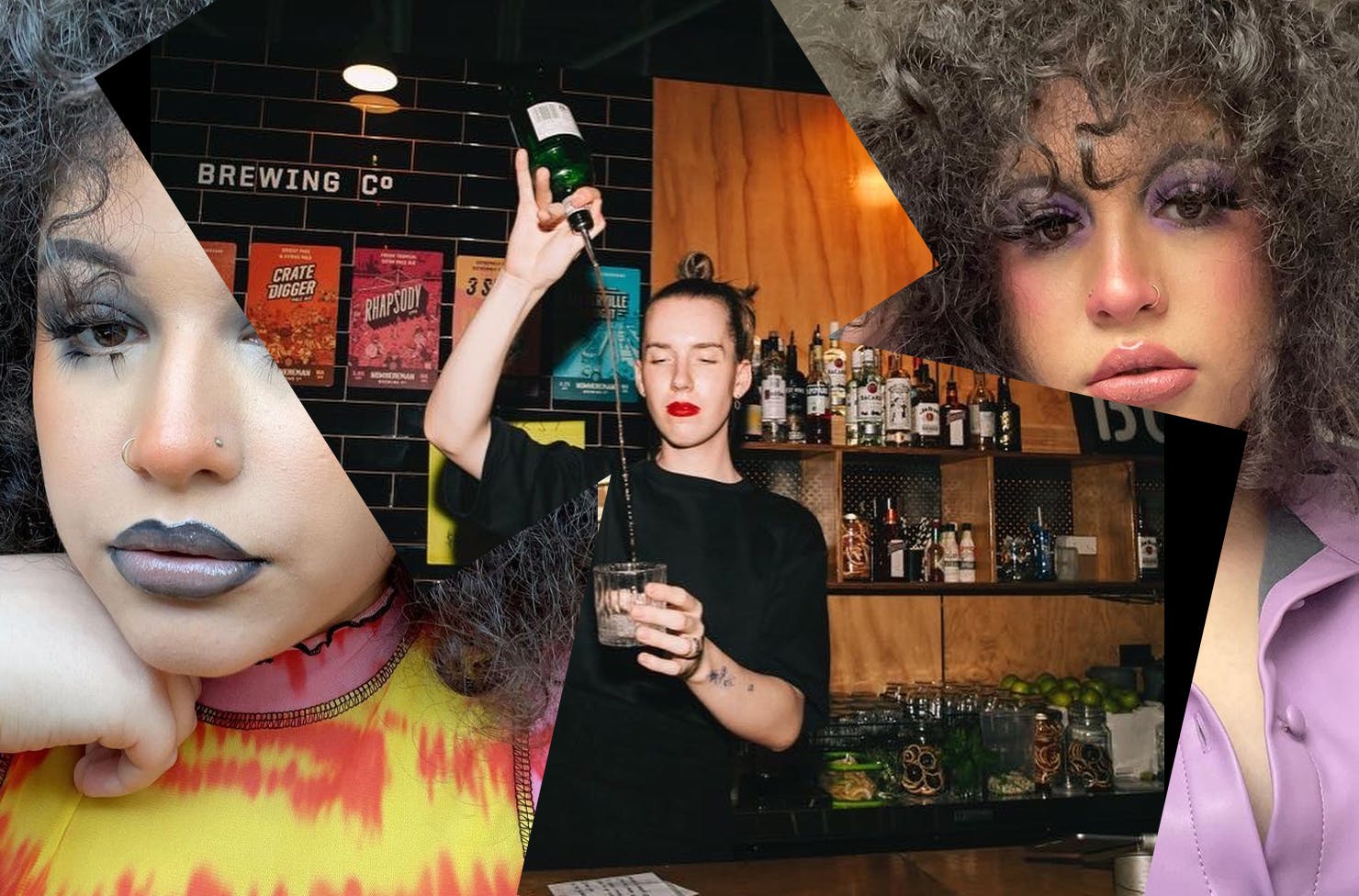 collage of women posing with makeup and pouring drinks at a bar