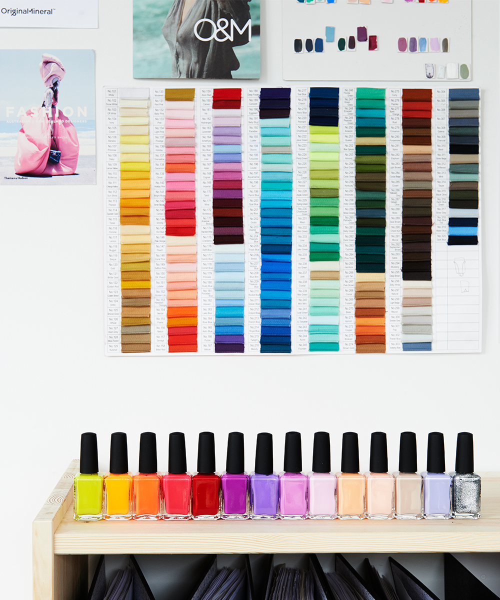 a row of Kester Black nail polish and paint swatches 